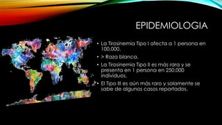 EPIDEMIOLOGIA
• La Tirosinemia Tipo I afecta a 1 persona en
100,000.
• > Raza blanca.
• La Tirosinemia Tipo II es más rara y se
presenta en 1 persona en 250,000
individuos.
• El Tipo III es aún más raro y solamente se
sabe de algunos casos reportados.
 