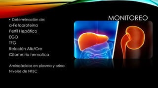 MONITOREO• Determinación de:
α-Fetoproteina
Perfil Hepático
EGO
TFG
Relación Alb/Cre
Citometria hematica
Aminoácidos en plasma y orina
Niveles de NTBC
 