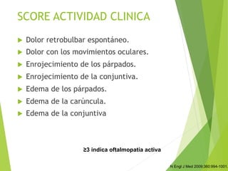 N Engl J Med 2009;360:994-1001.
≥3 indica oftalmopatía activa
SCORE ACTIVIDAD CLINICA
u  Dolor retrobulbar espontáneo.
u  Dolor con los movimientos oculares.
u  Enrojecimiento de los párpados.
u  Enrojecimiento de la conjuntiva.
u  Edema de los párpados.
u  Edema de la carúncula.
u  Edema de la conjuntiva
 