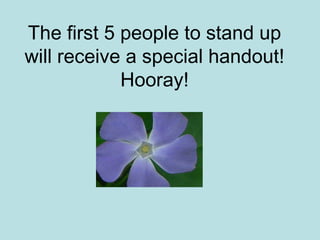 The first 5 people to stand up
will receive a special handout!
            Hooray!
 