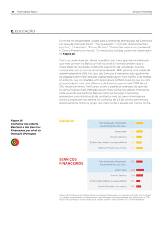 33

Trust Industry Report

Serviços Financeiros

C. EDUCAÇÃO
Os níveis de escolaridade usados para a análise da distribuição da Confiança
por grau de instrução foram: “Pós-graduado” (mestrado, doutoramento e
pós-doc), “Licenciado”, “Ensino Técnico”, “Ensino Secundário ou quivalente”
e “Ensino Primário ou menos”. Os resultados obtidos podem ser observados
na Figura 26.
Como se pode observar, são os cidadãos com maior grau de escolaridade
que mais confiam na Banca a nível nacional. E note-se também que a
disparidade de resultados entre este segmento da população, quando
comparada com os outros, é bastante elevada: 48%, perante uma média de
aproximadamente 29%. No caso dos Serviços Financeiros, são igualmente
os cidadãos com maior grau de escolaridade quem mais confia. É de realçar,
no entanto, que os cidadãos com licenciatura confiam mais do que os com
pós-graduação, com uma diferença de 4 pontos percentuais (35% face a
31%, respetivamente). Verifica-se assim o padrão já analisado de que são
os consumidores mais instruídos quem mais confia nos setores financeiros.
Note-se ainda que tanto os Bancos como os Serviços Financeiros
apresentam uma distribuição da confiança mais ou menos homogénea,
sendo a amplitude nos valores de confiança de 23-20 pontos percentuais,
respetivamente, entre os grupo que mais confia e aquele que menos confia.

Figura 26
Confiança nos setores
Bancário e dos Serviços
Financeiros por nível de
instrução (Portugal)

BANCOS

48%

Licenciado

32%

Ensino Técnico

26%

Ensino Secundário ou equivalente

25%

Ensino Primário ou menos

30%

Pós Graduado (mestrado,
doutoramento, pos doc.)

31%

Licenciado

35%

Ensino Técnico

SERVIÇOS
FINANCEIROS

Pós Graduado (mestrado,
doutoramento, pos doc.)

30%

Ensino Secundário ou equivalente

15%

Ensino Primário ou menos

19%

Figura 26. Confiança do Público Geral nos setores financeiros por nível de instrução, em Portugal.
Os valores apresentados correspondem à percentagem de respondentes que selecionam o TOP
BOX 4 de Confiança, numa escala de 9 valores, sendo 1 “Não Confia” e 9 “Confia Bastante”.

 