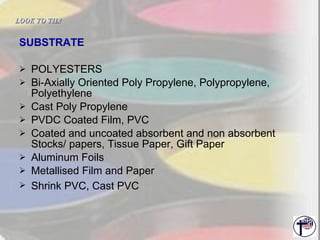 SUBSTRATE POLYESTERS Bi-Axially Oriented Poly Propylene, Polypropylene, Polyethylene Cast Poly Propylene PVDC Coated Film, PVC Coated and uncoated absorbent and non absorbent Stocks/ papers, Tissue Paper, Gift Paper Aluminum Foils Metallised Film and Paper Shrink PVC, Cast PVC   LOOK TO TIL!   