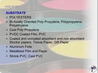 SUBSTRATE POLYESTERS Bi-Axially Oriented Poly Propylene, Polypropylene, Polyethylene Cast Poly Propylene PVDC Coated Film, PVC Coated and uncoated absorbent and non absorbent Stocks/ papers, Tissue Paper, Gift Paper Aluminum Foils Metallised Film and Paper Shrink PVC, Cast PVC   LOOK TO TIL!   