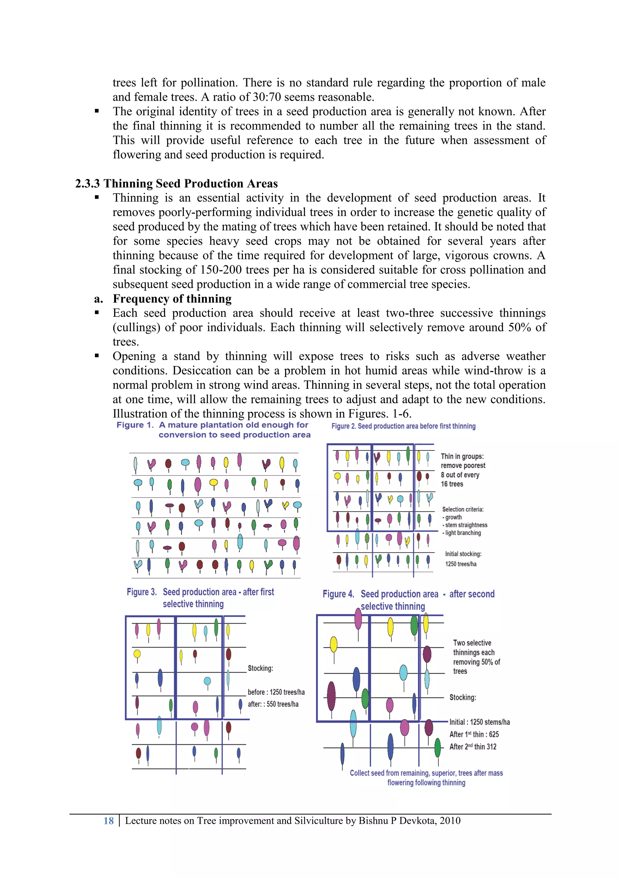 18 Lecture notes on Tree improvement and Silviculture by Bishnu P Devkota, 2010
trees left for pollination. There is no standard rule regarding the proportion of male
and female trees. A ratio of 30:70 seems reasonable.
 The original identity of trees in a seed production area is generally not known. After
the final thinning it is recommended to number all the remaining trees in the stand.
This will provide useful reference to each tree in the future when assessment of
flowering and seed production is required.
2.3.3 Thinning Seed Production Areas
 Thinning is an essential activity in the development of seed production areas. It
removes poorly-performing individual trees in order to increase the genetic quality of
seed produced by the mating of trees which have been retained. It should be noted that
for some species heavy seed crops may not be obtained for several years after
thinning because of the time required for development of large, vigorous crowns. A
final stocking of 150-200 trees per ha is considered suitable for cross pollination and
subsequent seed production in a wide range of commercial tree species.
a. Frequency of thinning
 Each seed production area should receive at least two-three successive thinnings
(cullings) of poor individuals. Each thinning will selectively remove around 50% of
trees.
 Opening a stand by thinning will expose trees to risks such as adverse weather
conditions. Desiccation can be a problem in hot humid areas while wind-throw is a
normal problem in strong wind areas. Thinning in several steps, not the total operation
at one time, will allow the remaining trees to adjust and adapt to the new conditions.
Illustration of the thinning process is shown in Figures. 1-6.
 