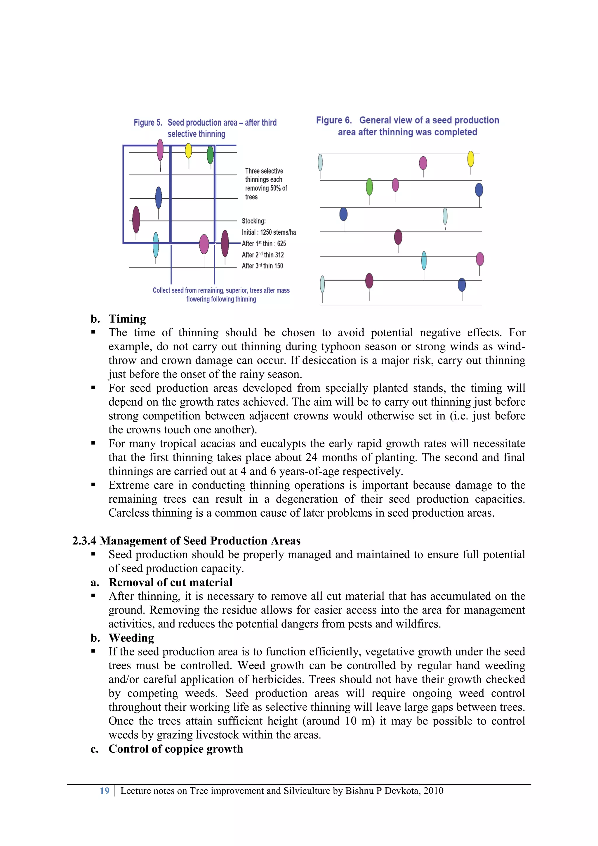 19 Lecture notes on Tree improvement and Silviculture by Bishnu P Devkota, 2010
b. Timing
 The time of thinning should be chosen to avoid potential negative effects. For
example, do not carry out thinning during typhoon season or strong winds as wind-
throw and crown damage can occur. If desiccation is a major risk, carry out thinning
just before the onset of the rainy season.
 For seed production areas developed from specially planted stands, the timing will
depend on the growth rates achieved. The aim will be to carry out thinning just before
strong competition between adjacent crowns would otherwise set in (i.e. just before
the crowns touch one another).
 For many tropical acacias and eucalypts the early rapid growth rates will necessitate
that the first thinning takes place about 24 months of planting. The second and final
thinnings are carried out at 4 and 6 years-of-age respectively.
 Extreme care in conducting thinning operations is important because damage to the
remaining trees can result in a degeneration of their seed production capacities.
Careless thinning is a common cause of later problems in seed production areas.
2.3.4 Management of Seed Production Areas
 Seed production should be properly managed and maintained to ensure full potential
of seed production capacity.
a. Removal of cut material
 After thinning, it is necessary to remove all cut material that has accumulated on the
ground. Removing the residue allows for easier access into the area for management
activities, and reduces the potential dangers from pests and wildfires.
b. Weeding
 If the seed production area is to function efficiently, vegetative growth under the seed
trees must be controlled. Weed growth can be controlled by regular hand weeding
and/or careful application of herbicides. Trees should not have their growth checked
by competing weeds. Seed production areas will require ongoing weed control
throughout their working life as selective thinning will leave large gaps between trees.
Once the trees attain sufficient height (around 10 m) it may be possible to control
weeds by grazing livestock within the areas.
c. Control of coppice growth
 