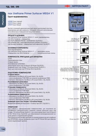 14
ГРУНТЫ
LU9580 Грунт черный
LU9578 Грунт серый
LU9579 Грунт белый
Быстро сохнущий двухкомпонентный акрил-уретановый грунт-вы-
равниватель для авто ремонта. Обладает отличной наполняющей
способностью и повышенной толщиной пленки.
ПРОДУКТ И ДОБАВКИ:
nax Urethane Primer Surfacer MEGA V1- грунт- выравниватель.
nax Ultra Hardener - отвердитель.
nax Multi Urethane Thinner - разбавитель (ТД.06.02.).
nax Softener Five - пластифицирующая добавка (ТД.04.04.).
nax Bumper Hardener - отвердитель-пластификатор (ТД.04.07.).
ОСНОВНЫЕ КОМПОНЕНТЫ:
Грунт-выравниватель
nax Urethane Primer Surfacer MEGA V1 ....... акриловые смолы.
Отвердитель nax Ultra Hardener .................... полиизоцианатные смолы.
ПОВЕРХНОСТИ, ПРИГОДНЫЕ ДЛЯ ОБРАБОТКИ:
Сталь.
Оцинкованная сталь.
Старые эмали.
Полиэфирные шпатлевки.
Эпоксидный грунт nax Uni Epoch 30 Primer (ТД.02.02.).
Травящий грунт nax Vinylex 110 Active Primer (ТД.02.01.).
Грунт для пластиков nax PP Primer RS-0 (ТД.02.03.).
ПОДГОТОВКА ПОВЕРХНОСТЕЙ:
Старые эмали:
- обезжирить nax Silicon off (Lower Static) (ТД. 06.03);
- сухое шлифование P180-P280 или мокрое шлифование P400;
- повторно обезжирить nax Silicon off (Lower Static ) (ТД. 06.03).
Полиэфирные шпаклевки:
- обезжирить nax Silicon off (Lower Static) (ТД. 06.03);
- сухое шлифование P180-P280.
Стальные поверхности:
- обезжирить nax Silicon off (Lower Static) (ТД. 06.03);
- сухое шлифование P180-Р220;
- повторно обезжирить nax Silicon off (Lower Static) (ТД. 06.03).
Алюминиевые поверхности:
- обезжирить nax Silicon off (Lower Static) (ТД. 06.03);
- сухое шлифование P220-Р280;
- повторно обезжирить nax Silicon off (Lower Static) (ТД. 06.03).
Травящий грунт nax Vinylex 110 Active Primer:
Выдержите время для подсушки 1-5 минут при 20°C (ТД.02.01.).
ПРИМЕЧАНИЕ!
При работе с металлическими поверхностями, для получения ка-
чественного лакокрасочного покрытия, всегда наносите грунт nax
Vinylex 110 Active Primer (ТД.02.01.) или эпоксидный грунт nax Uni Epoch
30 NC Primer Gray (ТД.02.02.) для обеспечения антикоррозионной за-
щиты детали и надлежащей адгезии.
При окраске пластиковых деталей из полипропилена или его комбина-
ций (PP/EPDM), всегда применять грунт nax PP Primer RS-0 для обеспе-
чения надлежащей адгезии.
nax Urethane Primer Surfacer MEGA V1
Грунт-выравниватель
ТД. 02. 05
nax Silicon off
(Lower Static)
(nax О-De Silicon off)
P180-P280
P400
100:15:10-25
nax Urethane Prasurf MEGA V1:
Отвердитель nax Ultra Hardener:
Разбавитель nax Multi Urethane
Thinner
18 - 21сек. по вискозиметру
Ford Cup 4 при 20o
С
1.2-2.0 мм
1.5-2.0 бар
2-10 мин. при 20°C
2 ч при 20°C
15 мин при 60°C
30 мин при 50°C
 