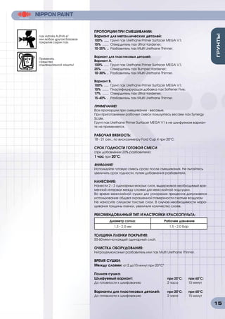 15
ПРОПОРЦИИ ПРИ СМЕШИВАНИИ:
Вариант для металлических деталей:
100% ...... Грунт nax Urethane Primer Surfacer MEGA V1;
15% ........ Отвердитель nax Ultra Hardener;
10-25% ... Разбавитель nax Multi Urethane Thinner.
Вариант для пластиковых деталей:
Вариант A.
100% ...... Грунт nax Urethane Primer Surfacer MEGA V1;
25% ........ Отвердитель nax Bumper Hardener;
10-30% ... Разбавитель nax Multi Urethane Thinner.
Вариант В.
100% ...... Грунт nax Urethane Primer Surfacer MEGA V1;
15% ........ Пластифицирующая добавка nax Softener Five;
17% ........ Отвердитель nax Ultra Hardener;
15-40% ... Разбавитель nax Multi Urethane Thinner.
ПРИМЕЧАНИЕ!
Все пропорции при смешивании - весовые.
При приготовлении рабочей смеси пользуйтесь весами nax Synergy
Scale.
Грунт nax Urethane Primer Surfacer MEGA V1 в не шлифуемом вариан-
те не применяется.
РАБОЧАЯ ВЯЗКОСТЬ:
18 - 21 сек., по вискозиметру Ford Cup 4 при 20°C.
СРОК ГОДНОСТИ ГОТОВОЙ СМЕСИ
(при добавлении 20% разбавителя):
1 час при 20°С.
ВНИМАНИЕ!
Используйте готовую смесь сразу после смешивания. Не пытайтесь
увеличить срок годности, путем добавления разбавителя.
НАНЕСЕНИЕ:
Нанести 2 - 3 одинарных мокрых слоя, выдерживая необходимый вре-
менной интервал между слоями для межслойной подсушки.
Во время межслойной сушки для ускорения процесса допускается
использование обдува окрашенной поверхности сжатым воздухом.
Не наносите слишком толстые слои. В случае необходимости нара-
щивания толщины пленки, увеличьте количество слоев.
РЕКОМЕНДОВАННЫЙ ТИП И НАСТРОЙКИ КРАСКОПУЛЬТА:
Диаметр сопла: Рабочее давление
1.3 - 2.0 мм 1.5 - 2.0 бар
ТОЛЩИНА ПЛЕНКИ ПОКРЫТИЯ:
50-60 мкм на каждый одинарный слой.
ОЧИСТКА ОБОРУДОВАНИЯ:
Нитроцеллюлозный разбавитель или nax Multi Urethane Thinner.
ВРЕМЯ СУШКИ:
Между слоями: от 2 до10 минут при 20°С¹
Полная сушка.
Шлифуемый вариант:	 при 20°C:	 при 60°C:
До готовности к шлифованию	 2 часа	 15 минут
Варианты для пластиковых деталей:	 при 20°C:	 при 60°C
До готовности к шлифованию	 2 часа	 15 минут
nax Admila ALPHA e3
или любое другое базовое
покрытие серии nax.
Применять
средства
индивидуальной защиты!
 
