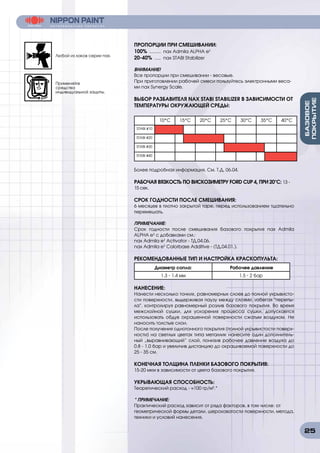 25
ПРОПОРЦИИ ПРИ СМЕШИВАНИИ:
100% .......... nax Admila ALPHA e3
20-40% ...... nax STABI Stabilizer
ВНИМАНИЕ!
Все пропорции при смешивании - весовые.
При приготовлении рабочей смеси пользуйтесь электронными веса-
ми nax Synergy Scale.
ВЫБОР РАЗБАВИТЕЛЯ NAX STABI STABILIZER В ЗАВИСИМОСТИ ОТ
ТЕМПЕРАТУРЫ ОКРУЖАЮЩЕЙ СРЕДЫ:
10°C 15°C 20°C 25°C 30°C 35°C 40°C
STABI #10
STABI #20
STABI #30
STABI #40
Более подробная информация. См. Т.Д. 06.04.
РАБОЧАЯ ВЯЗКОСТЬ ПО ВИСКОЗИМЕТРУ FORD CUP 4, ПРИ 20°C: 13 -
15 сек.
СРОК ГОДНОСТИ ПОСЛЕ СМЕШИВАНИЯ:
6 месяцев в плотно закрытой таре, перед использованием тщательно
перемешать.
ПРИМЕЧАНИЕ:
Срок годности после смешивания базового покрытия nax Admila
ALPHA e3
с добавками см.:
nax Admila e3
Activator - ТД.04.06.
nax Admila e3
Colorbase Additive - (ТД.04.01.).
РЕКОМЕНДОВАННЫЕ ТИП И НАСТРОЙКА КРАСКОПУЛЬТА:
Диаметр сопла: Рабочее давление
1.3 - 1.4 мм 1.5 - 2 бар
НАНЕСЕНИЕ:
Нанести несколько тонких, равномерных слоев до полной укрывисто-
сти поверхности, выдерживая паузу между слоями, избегая перепы-
ла, контролируя равномерный розлив базового покрытия. Во время
межслойной сушки, для ускорения процесса сушки, допускается
использовать обдув окрашенной поверхности сжатым воздухом. Не
наносить толстые слои.
После получения однотонного покрытия (полной укрывистости поверх-
ности) на светлых цветах типа металлик нанесите один дополнитель-
ный “выравнивающий” слой, понизив рабочее давление воздуха до
0.8 - 1.0 бар и увеличив дистанцию до окрашиваемой поверхности до
25 - 35 см.
КОНЕЧНАЯ ТОЛЩИНА ПЛЕНКИ БАЗОВОГО ПОКРЫТИЯ:
15-20 мкм в зависимости от цвета базового покрытия.
УКРЫВАЮЩАЯ СПОСОБНОСТЬ:
Теоретический расход - ≈100 гр/м2
.*
* ПРИМЕЧАНИЕ:
Практический расход зависит от ряда факторов, в том числе: от
геометрической формы детали, шероховатости поверхности, метода,
техники и условий нанесения.
Любой из лаков серии nax.
Применяйте
средства
индивидуальной защиты.
 