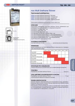 57
РАЗБАВИТЕИИ
ОБЕЗЖИРИВАТЕЛИ
TXF032 nax Multi Urethane Thinner #10 - быстрый.
TXF030 nax Multi Urethane Thinner #20 - стандартный.
TXF031 nax Multi Urethane Thinner #30 - медленный.
TXF033 nax Multi Urethane Thinner #40 - сверхмедленный.
Уретановый разбавитель для грунтов и лаков серии nax.
ОПИСАНИЕ:
Уретановые разбавители nax Multi Urethane Thinner применяются для
разбавления до рабочей вязкости следующих продуктов:
nax Multi Eco 10 Glass Clear - лак.
nax Multi Eco 20LX Clear - лак
nax Multi 80 Neo Alba Clear - лак.
nax Mightylac G-II 295 New Ceramic Clear - лак.
nax Urethane Primer Surfacer PRO V1 - грунт-выравниватель.
nax Urethane Primer Surfacer MEGA V1 - грунт-выравниватель.
nax Urethane Primer Surfacer Zitan - грунт-выравниватель.
nax PP Primer RS-0 - грунт для пластиков.
ОСНОВНЫЕ КОМПОНЕНТЫ:
nax Multi Urethane Thinner .............................. органические растворители.
ПРИМЕНЕНИЕ:
Выбор разбавителя nax Multi Urethane Thinner в зависимости от темпера-
туры окружающей среды:
10о
C 15о
C 20о
C 25о
C 30о
C 35о
C 40о
C
nax Multi
Urethane Thinner #10
nax Multi
Urethane Thinner #20
nax Multi
Urethane Thinner #30
nax Multi
Urethane Thinner #40
	 	
ПРОПОРЦИИ ПРИ СМЕШИВАНИИ:
Смотри техническую документацию для соответствующих продуктов.
УПАКОВКА:
Разбавитель nax Multi Urethane Thinner ............................................. банка 4 л
СРОК ДЕЙСТВИЯ ГАРАНТИРОВАННОГО КАЧЕСТВА:
Разбавитель nax Multi Urethane Thinner .................................................. 3 года
в оригинальной заводской закрытой упаковке.
ТЕХНИКА БЕЗОПАСНОСТИ!
Данные продукты предназначены для использования только квалифици-
рованным персоналом. [Смотри Паспорт безопасности (MSDS)].Смотри
надписи на этикетках продуктов.
Пользователь должен производить работы в соответствии с законодатель-
но установленными государственными нормами по технике безопасно-
сти и правилами по обращению с отходами.
nax Multi Urethane Thinner
Уретановый разбавитель
ТД. 06. 02
См. ТД.
Применяйте
средства
индивидуальной защиты.
 