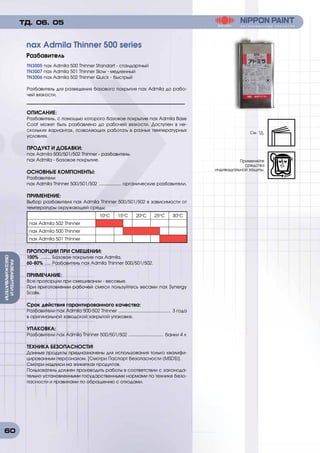 60
РАЗБАВИТЕИИ
ОБЕЗЖИРИВАТЕЛИ
TN3005 nax Admila 500 Thinner Standart - стандартный
TN3007 nax Admila 501 Thinner Slow - медленный
TN3006 nax Admila 502 Thinner Quick - быстрый
Разбавитель для разведения базового покрытия nax Admila до рабо-
чей вязкости.
ОПИСАНИЕ:
Разбавитель, с помощью которого базовое покрытие nax Admila Base
Coat может быть разбавлено до рабочей вязкости. Доступен в не-
скольких вариантах, позволяющих работать в разных температурных
условиях.
ПРОДУКТ И ДОБАВКИ:
nax Admila 500/501/502 Thinner - разбавитель.
nax Admila - базовое покрытие.
ОСНОВНЫЕ КОМПОНЕНТЫ:
Разбавители
nax Admila Thinner 500/501/502 .................. органические разбавители.
ПРИМЕНЕНИЕ:
Выбор разбавителя nax Admila Thinner 500/501/502 в зависимости от
температуры окружающей среды:
10о
C 15о
C 20о
C 25о
C 30о
C
nax Admila 502 Thinner
nax Admila 500 Thinner
nax Admila 501 Thinner
	
ПРОПОРЦИИ ПРИ СМЕШЕНИИ:
100% ......... Базовое покрытие nax Admila.
60-80% ...... Разбавитель nax Admila Thinner 500/501/502.
ПРИМЕЧАНИЕ:
Все пропорции при смешивании - весовые.
При приготовлении рабочей смеси пользуйтесь весами nax Synergy
Scale.
Срок действия гарантированного качества:
Разбавители nax Admila 500-502 Thinner .......................................... 3 года
в оригинальной заводской закрытой упаковке.
УПАКОВКА:
Разбавители nax Admila Thinner 500/501/502 ............................ банки 4 л
ТЕХНИКА БЕЗОПАСНОСТИ!
Данные продукты предназначены для использования только квалифи-
цированным персоналом. [Смотри Паспорт безопасности (MSDS)].
Смотри надписи на этикетках продуктов.
Пользователь должен производить работы в соответствии с законода-
тельно установленными государственными нормами по технике безо-
пасности и правилами по обращению с отходами.
nax Admila Thinner 500 series
Разбавитель
ТД. 06. 05
См. ТД.
Применяйте
средства
индивидуальной защиты.
 
