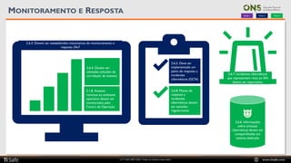 © TI Safe 2007-2020. Todos os direitos reservados www.tisafe.com
MONITORAMENTO E RESPOSTA
2.6.7. Incidentes cibernéticos
que representem risco ao SIN
devem ser reportados.
2.6.5. Deve ser
implementado um
plano de resposta a
incidentes
cibernéticos (GCN)
2.6.8. Planos de
resposta a
incidentes
cibernéticos devem
ser testados
regularmente
2.6.3. Devem ser estabelecidos mecanismos de monitoramento e
resposta 24x7
2.6.4. Devem ser
adotadas soluções de
correlação de eventos
2.1.8. Acessos
remotos ao ambiente
operativo devem ser
monitorados pelo
Centro de Operação
Onda 1 Onda 2 Onda 3
2.6.6. Informações
sobre ameaças
cibernéticas devem ser
compartilhadas em
sistema dedicado
 