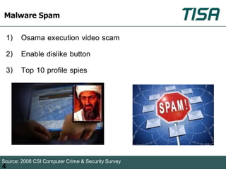 Malware Spam

    1) Osama execution video scam
    2) Enable dislike button
    3) Top 10 profile spies




Source: 2008 CSI Computer Crime & Security Survey
4
 