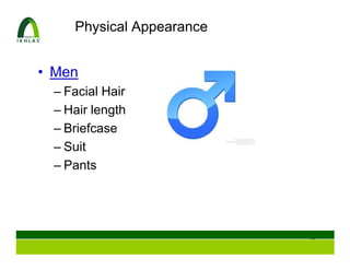 Physical Appearance


• Men
 – Facial Hair
 – Hair length
 – Briefcase
 – Suit
 – Pants




                          39
 
