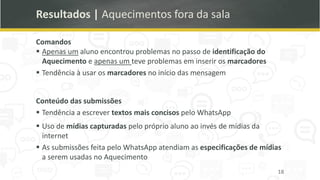 Resultados | Aquecimentos fora da sala
Comandos
▪ Apenas um aluno encontrou problemas no passo de identificação do
Aquecimento e apenas um teve problemas em inserir os marcadores
▪ Tendência à usar os marcadores no início das mensagem
Conteúdo das submissões
▪ Tendência a escrever textos mais concisos pelo WhatsApp
▪ Uso de mídias capturadas pelo próprio aluno ao invés de mídias da
internet
▪ As submissões feita pelo WhatsApp atendiam as especificações de mídias
a serem usadas no Aquecimento
18
 
