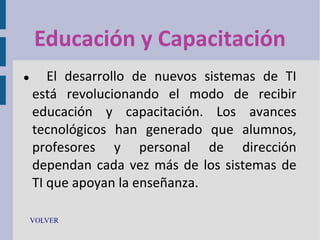Educación y Capacitación


El desarrollo de nuevos sistemas de TI
está revolucionando el modo de recibir
educación y capacitación. Los avances
tecnológicos han generado que alumnos,
profesores y personal de dirección
dependan cada vez más de los sistemas de
TI que apoyan la enseñanza.

VOLVER

 