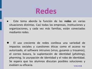 Redes


Este tema aborda la función de las redes en varias
situaciones distintas. Casi todas las empresas, instituciones y
organizaciones, y cada vez más familias, están conectadas
mediante redes.

 El uso creciente de redes conlleva una variedad de
impactos sociales y cuestiones éticas como el acceso no
autorizado, el software intrusivo (virus, gusanos y troyanos),
el correo basura, la suplantación de identidad (phishing),
pharming, la usurpación de identidad y el robo de identidad.
Se espera que los alumnos discutan posibles soluciones y
evalúen su eficacia.
VOLVER

 