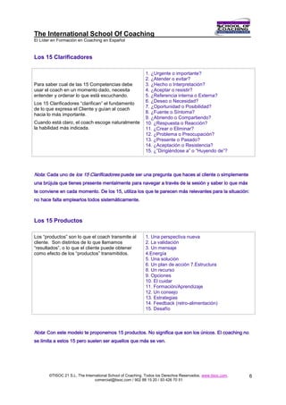 The International School Of Coaching
El Líder en Formación en Coaching en Español



Los 15 Clarificadores

                                                           1. ¿Urgente o importante?
                                                           2. ¿Atender o evitar?
Para saber cual de las 15 Competencias debe                3. ¿Hecho o Interpretación?
usar el coach en un momento dado, necesita                 4. ¿Aceptar o resistir?
entender y ordenar lo que está escuchando.                 5. ¿Referencia interna o Externa?
Los 15 Clarificadores “clarifican” el fundamento           6. ¿Deseo o Necesidad?
de lo que expresa el Cliente y guían al coach              7. ¿Oportunidad o Posibilidad?
                                                           8. ¿Fuente o Síntoma?
hacia lo más importante.
                                                           9. ¿Abriendo o Compartiendo?
Cuando está claro, el coach escoge naturalmente            10. ¿Respuesta o Reacción?
la habilidad más indicada.                                 11. ¿Crear o Eliminar?
                                                           12. ¿Problema o Preocupación?
                                                           13. ¿Presente o Pasado?
                                                           14. ¿Aceptación o Resistencia?
                                                           15. ¿”Dirigiéndose a” o “Huyendo de”?



Nota: Cada uno de los 15 Clarificadores puede ser una pregunta que haces al cliente o simplemente
una brújula que tienes presente mentalmente para navegar a través de la sesión y saber lo que más
te conviene en cada momento. De los 15, utiliza los que te parecen más relevantes para la situación:
no hace falta emplearlos todos sistemáticamente.



Los 15 Productos

Los “productos” son lo que el coach transmite al           1. Una perspectiva nueva
cliente. Son distintos de lo que llamamos                  2. La validación
“resultados”, o lo que el cliente puede obtener            3. Un mensaje
como efecto de los “productos” transmitidos.               4.Energía
                                                           5. Una solución
                                                           6. Un plan de acción 7.Estructura
                                                           8. Un recurso
                                                           9. Opciones
                                                           10. El cuidar
                                                           11. Formación/Aprendizaje
                                                           12. Un consejo
                                                           13. Estrategias
                                                           14. Feedback (retro-alimentación)
                                                           15. Desafío



Nota: Con este modelo te proponemos 15 productos. No significa que son los únicos. El coaching no
se limita a estos 15 pero suelen ser aquellos que más se ven.




       ©TISOC 21 S.L. The International School of Coaching. Todos los Derechos Reservados. www.tisoc.com.   6
                                comercial@tisoc.com / 902 88 15 20 / 93 426 70 51
 
