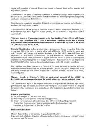 strong understanding of current debates and issues in human rights policy, practice and
education is essential.
A minimum of ten years of teaching experience in university/college, and/or experience in
research at the University/National level institutions/industries, including experience of guiding
candidates for research at doctoral level.
Contribution to educational innovation, design of new curricula and courses, and technology –
mediated teaching learning process.
A minimum score of 400 points as stipulated in the Academic Performance Indicator (API)
based Performance Based Appraisal System (PBAS), set out in the UGC Regulation 2010 in
Appendix III.
V. Deputy Registrar (Finance & Accounts) in the Pay Band Rs. 15,600 - 39,100 with Grade
Pay Rs. 7,600. Candidates with 5 years of continuous experience in the post of Deputy
Registrar in Universities/Deemed Universities shall be placed in the Pay Band of Rs. 37,400
- 67,000 with Grade Pay Rs. 8,700.
Essential Qualification: A Post-graduate degree in commerce from a recognized University
with at least 55% of the marks or its equivalent grade of B in the UGC 7 point scale; along with
- (i) Nine years' of experience as Assistant Professor in the AGP of Rs. 6000 and above with
experience in educational administration, or (ii) Comparable experience in research
establishment and/or other Institutions of higher education, or (iii) 5 years' of administrative
experience as Assistant Registrar or in an equivalent post. A relaxation of 5% will be provided
from 55% to 50% of the marks at the post-graduate degree for the SC category candidates.
The candidate must have experience in Finance & Accounts and must be familiar with and
worked in computerized finance and accounts systems. Should have good interpersonal skills
and ability to interface with various stakeholders – students, teachers, and staff at all levels,
media and public.
Manager (Legal) in Registrar’s Office on contractual payment of Rs. 60,000/- to
Rs.70,000/- per month depending upon the qualifications. Age: Not exceeding 40 years.
The candidate shall report to the Registrar and would be responsible for advise on legal issues,
preparation of legal documents, its scrutiny and vetting and would be responsible to safeguard
the interest of the Institute and also undertake any other assignments given to him/her from time
to time .
Essential qualifications:
i) Bachelor’s degree in Law with 60% marks.
ii) Knowledge of use of personal computers and applications.
iii) 5 years experience as an Advocate or as a Law Officer in the Legal Department of
Central/State Government/any large organization and/or legal associate / legal
consultant in an Advocate’s or Solicitor’s office
Desirable qualifications:
Masters degree in Law or any diploma in specialized fields of law.
Experience in legal affairs, litigation, arbitration and conciliation, drafting and vetting of various
agreements/ legal documents
4
 