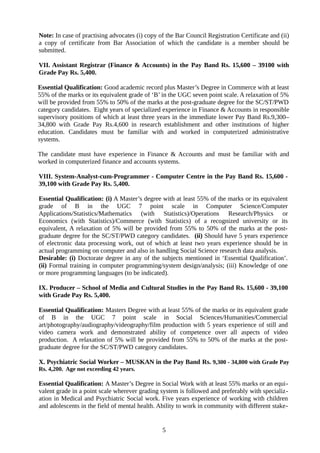 Note: In case of practising advocates (i) copy of the Bar Council Registration Certificate and (ii)
a copy of certificate from Bar Association of which the candidate is a member should be
submitted.
VII. Assistant Registrar (Finance & Accounts) in the Pay Band Rs. 15,600 – 39100 with
Grade Pay Rs. 5,400.
Essential Qualification: Good academic record plus Master’s Degree in Commerce with at least
55% of the marks or its equivalent grade of ‘B’ in the UGC seven point scale. A relaxation of 5%
will be provided from 55% to 50% of the marks at the post-graduate degree for the SC/ST/PWD
category candidates. Eight years of specialized experience in Finance & Accounts in responsible
supervisory positions of which at least three years in the immediate lower Pay Band Rs.9,300–
34,800 with Grade Pay Rs.4,600 in research establishment and other institutions of higher
education. Candidates must be familiar with and worked in computerized administrative
systems.
The candidate must have experience in Finance & Accounts and must be familiar with and
worked in computerized finance and accounts systems.
VIII. System-Analyst-cum-Programmer - Computer Centre in the Pay Band Rs. 15,600 -
39,100 with Grade Pay Rs. 5,400.
Essential Qualification: (i) A Master’s degree with at least 55% of the marks or its equivalent
grade of B in the UGC 7 point scale in Computer Science/Computer
Applications/Statistics/Mathematics (with Statistics)/Operations Research/Physics or
Economics (with Statistics)/Commerce (with Statistics) of a recognized university or its
equivalent, A relaxation of 5% will be provided from 55% to 50% of the marks at the post-
graduate degree for the SC/ST/PWD category candidates. (ii) Should have 5 years experience
of electronic data processing work, out of which at least two years experience should be in
actual programming on computer and also in handling Social Science research data analysis.
Desirable: (i) Doctorate degree in any of the subjects mentioned in ‘Essential Qualification’.
(ii) Formal training in computer programming/system design/analysis; (iii) Knowledge of one
or more programming languages (to be indicated).
IX. Producer – School of Media and Cultural Studies in the Pay Band Rs. 15,600 - 39,100
with Grade Pay Rs. 5,400.
Essential Qualification: Masters Degree with at least 55% of the marks or its equivalent grade
of B in the UGC 7 point scale in Social Sciences/Humanities/Commercial
art/photography/audiography/videography/film production with 5 years experience of still and
video camera work and demonstrated ability of competence over all aspects of video
production. A relaxation of 5% will be provided from 55% to 50% of the marks at the post-
graduate degree for the SC/ST/PWD category candidates.
X. Psychiatric Social Worker – MUSKAN in the Pay Band Rs. 9,300 - 34,800 with Grade Pay
Rs. 4,200. Age not exceeding 42 years.
Essential Qualification: A Master’s Degree in Social Work with at least 55% marks or an equi-
valent grade in a point scale wherever grading system is followed and preferably with specializ-
ation in Medical and Psychiatric Social work. Five years experience of working with children
and adolescents in the field of mental health. Ability to work in community with different stake-
5
 