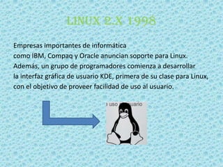 Linux 2.x 1998
Empresas importantes de informática
como IBM, Compaq y Oracle anuncian soporte para Linux.
Además, un grupo de programadores comienza a desarrollar
la interfaz gráfica de usuario KDE, primera de su clase para Linux,
con el objetivo de proveer facilidad de uso al usuario.
 
