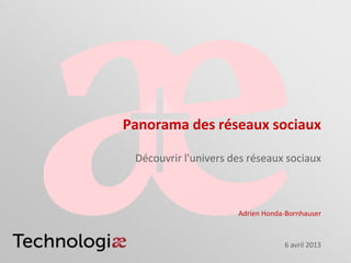 Panorama des réseaux sociaux

 Découvrir l'univers des réseaux sociaux



                      Adrien Honda-Bornhauser



                                  6 avril 2013
 