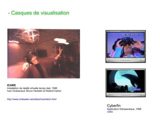 - Casques de visualisation




ICARE
Installation de réalité virtuelle temps réel, 1998
Ivan Chabanaud, Bruno Herbelin et ...