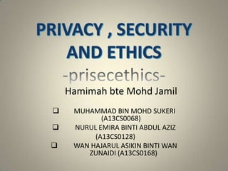 Hamimah bte Mohd Jamil




MUHAMMAD BIN MOHD SUKERI
(A13CS0068)
NURUL EMIRA BINTI ABDUL AZIZ
(A13CS0128)
WAN HAJARUL ASIKIN BINTI WAN
ZUNAIDI (A13CS0168)

 