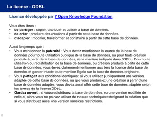 La licence : ODBL
Licence développée par l' Open Knowledge Foundation
Vous êtes libres :
• de partager : copier, distribuer et utiliser la base de données.
• de créer : produire des créations à partir de cette base de données.
• d'adapter : modifier, transformer et construire à partir de cette base de données.
Aussi longtemps que :
• Vous mentionnez la paternité : Vous devez mentionner la source de la base de
données pour toute utilisation publique de la base de données, ou pour toute création
produite à partir de la base de données, de la manière indiquée dans l'ODbL. Pour toute
utilisation ou redistribution de la base de données, ou création produite à partir de cette
base de données, vous devez clairement mentionner aux tiers la licence de la base de
données et garder intacte toute mention légale sur la base de données originaire.
• Vous partagez aux conditions identiques : si vous utilisez publiquement une version
adaptée de cette base de données, ou que vous produisiez une création à partir d'une
base de données adaptée, vous devez aussi offrir cette base de données adaptée selon
les termes de la licence ODbL.
• Gardez ouvert : si vous redistribuez la base de données, ou une version modifiée de
celle-ci, alors vous ne pouvez utiliser de mesure technique restreignant la création que
si vous distribuez aussi une version sans ces restrictions.
12
 