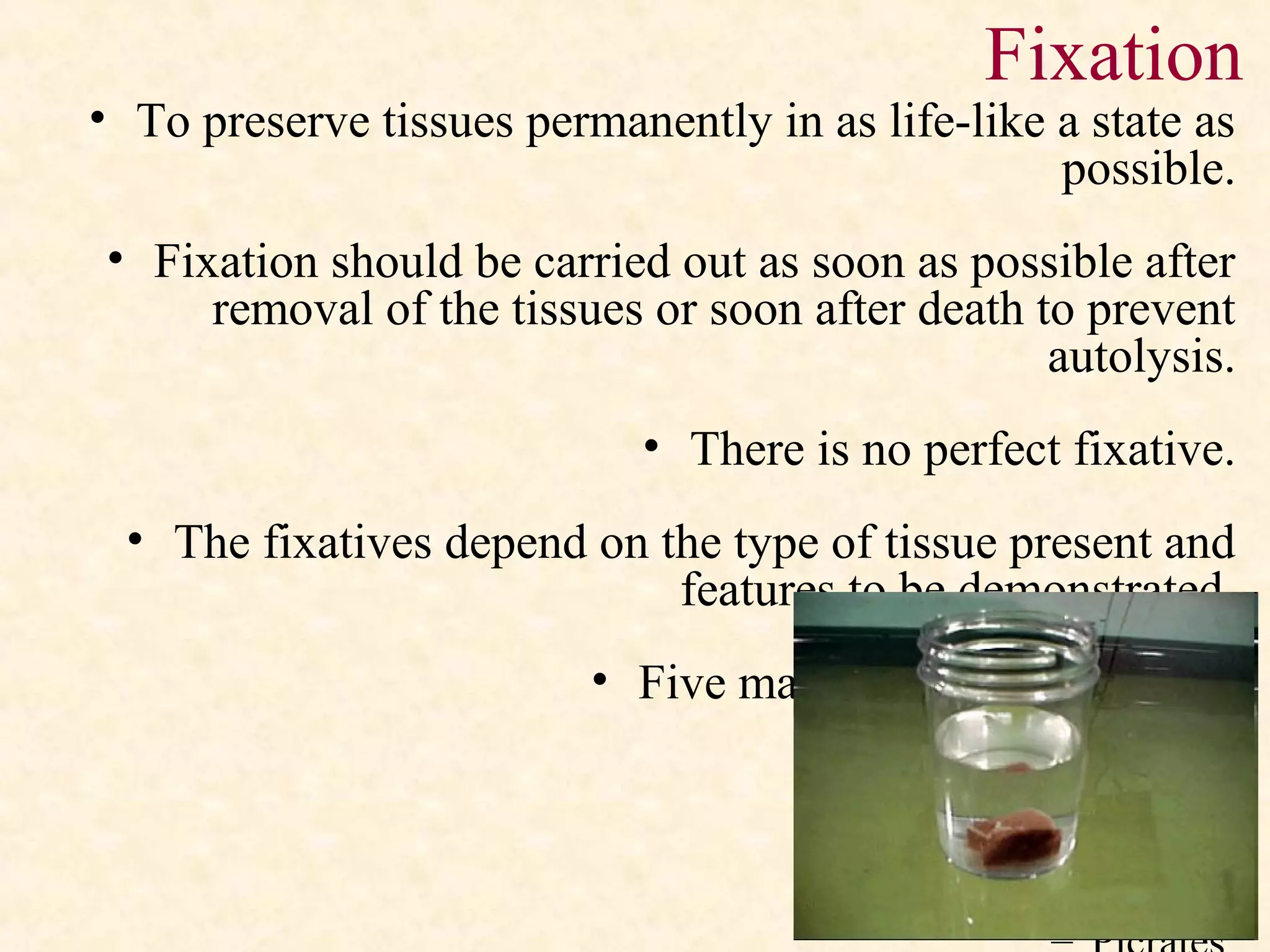 Fixation
• To preserve tissues permanently in as life-like a state as
possible.
• Fixation should be carried out as soon as possible after
removal of the tissues or soon after death to prevent
autolysis.
• There is no perfect fixative.
• The fixatives depend on the type of tissue present and
features to be demonstrated.
• Five major groups of fixatives
– Aldehydes
– Mercurials
– Alcohols
– Oxidizing agents
 