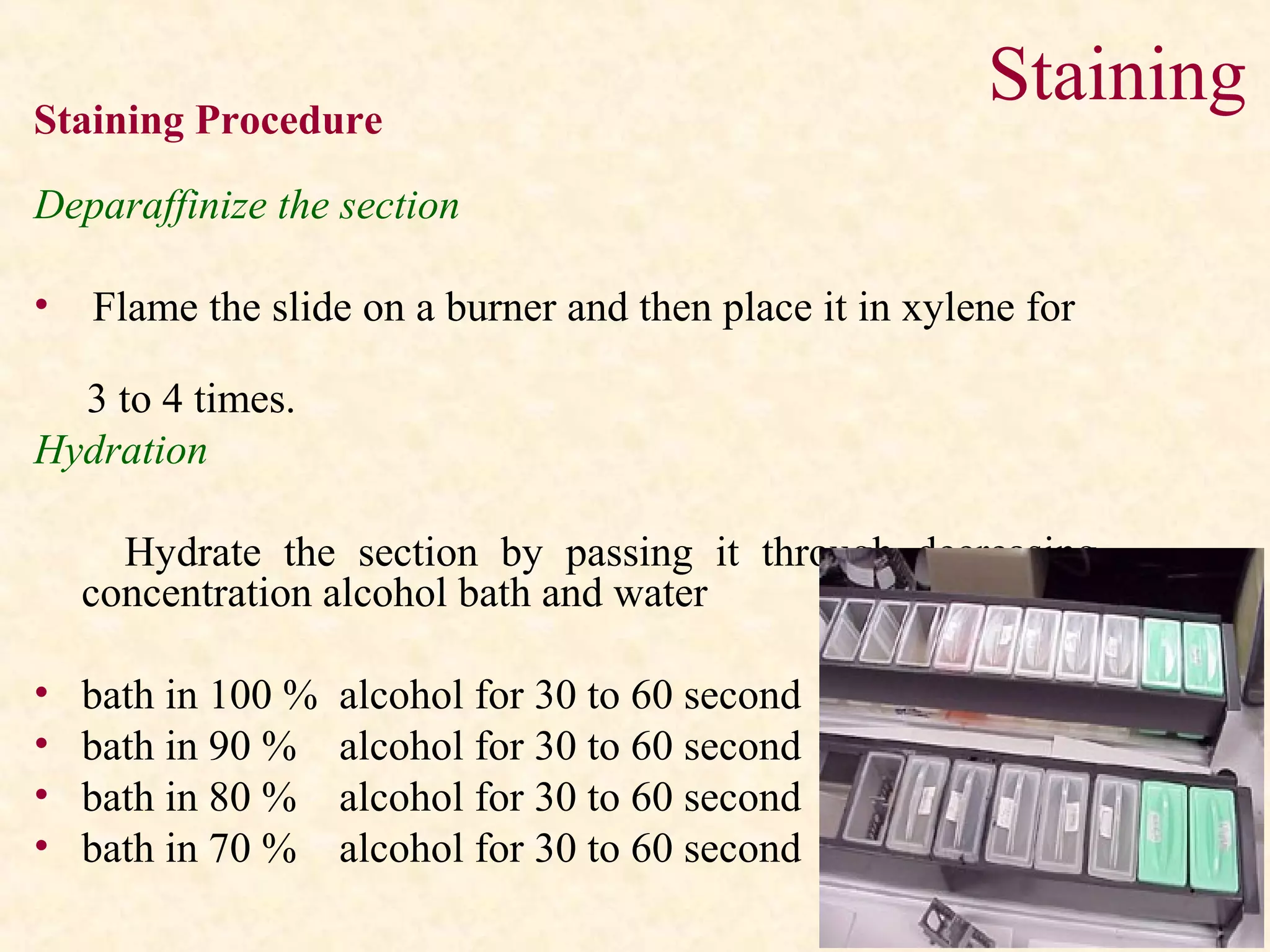Deparaffinize the section
• Flame the slide on a burner and then place it in xylene for
3 to 4 times.
Hydration
Hydrate the section by passing it through decreasing
concentration alcohol bath and water
• bath in 100 % alcohol for 30 to 60 second
• bath in 90 % alcohol for 30 to 60 second
• bath in 80 % alcohol for 30 to 60 second
• bath in 70 % alcohol for 30 to 60 second
Staining Procedure
Staining
 