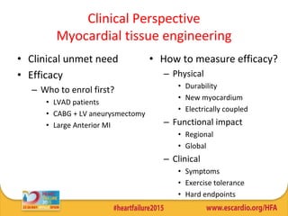 Clinical Perspective
Myocardial tissue engineering
• Clinical unmet need
• Efficacy
– Who to enrol first?
• LVAD patients
• CABG + LV aneurysmectomy
• Large Anterior MI
• How to measure efficacy?
– Physical
• Durability
• New myocardium
• Electrically coupled
– Functional impact
• Regional
• Global
– Clinical
• Symptoms
• Exercise tolerance
• Hard endpoints
 