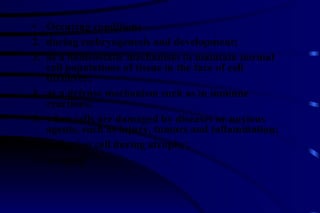 Occuring conditions during embryogenesis and development; as a homeostatic mechanism to maintain normal cell populations of tissue in the face of cell turnover; as a defense mechanism such as in immune reactions; when cells are damaged by diseases or noxious agents, such as injury, tumors and inflammation;  reduction cell during atrophy; in aging.  