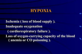 HYPOXIA Ischemia ( loss of blood supply ). Inadequate oxygenation ( cardiorespiratory failure ). Loss of oxygen-carrying capacity of the blood ( anemia or CO poisoning ). 