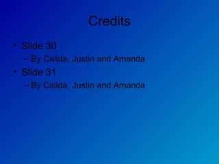 Credits Slide 30  By Calida, Justin and Amanda Slide 31  By Calida, Justin and Amanda 