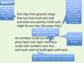 Fine slips from grocery shops
that say how much was sold
and what was paid by credit card
might fly our lives like paper kites.
Stanza 6+7
An architect could use all this,
place layer over layer, luminous
script over numbers over line,
and never wish to build again with brick
Simile - Idea of
wind carrying
paper becomes
the image of
freedom
But is it ‘actual’
freedom? Still
tied down to
something?
References to
practical uses
for paper
Paper trail of
money -
‘Paper’ money
ruling people’s
lives
Paper has the ability to be more powerful than
brick – People’s lives can be more powerful too
Another light reference –
possible metaphor: providing
answers or knowledge
 