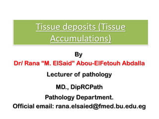 Tissue deposits (Tissue
Accumulations)
By
Dr/ Rana “M. ElSaid” Abou-ElFetouh Abdalla
Lecturer of pathology
MD., DipRCPath
Pathology Department.
Official email: rana.elsaied@fmed.bu.edu.eg
 
