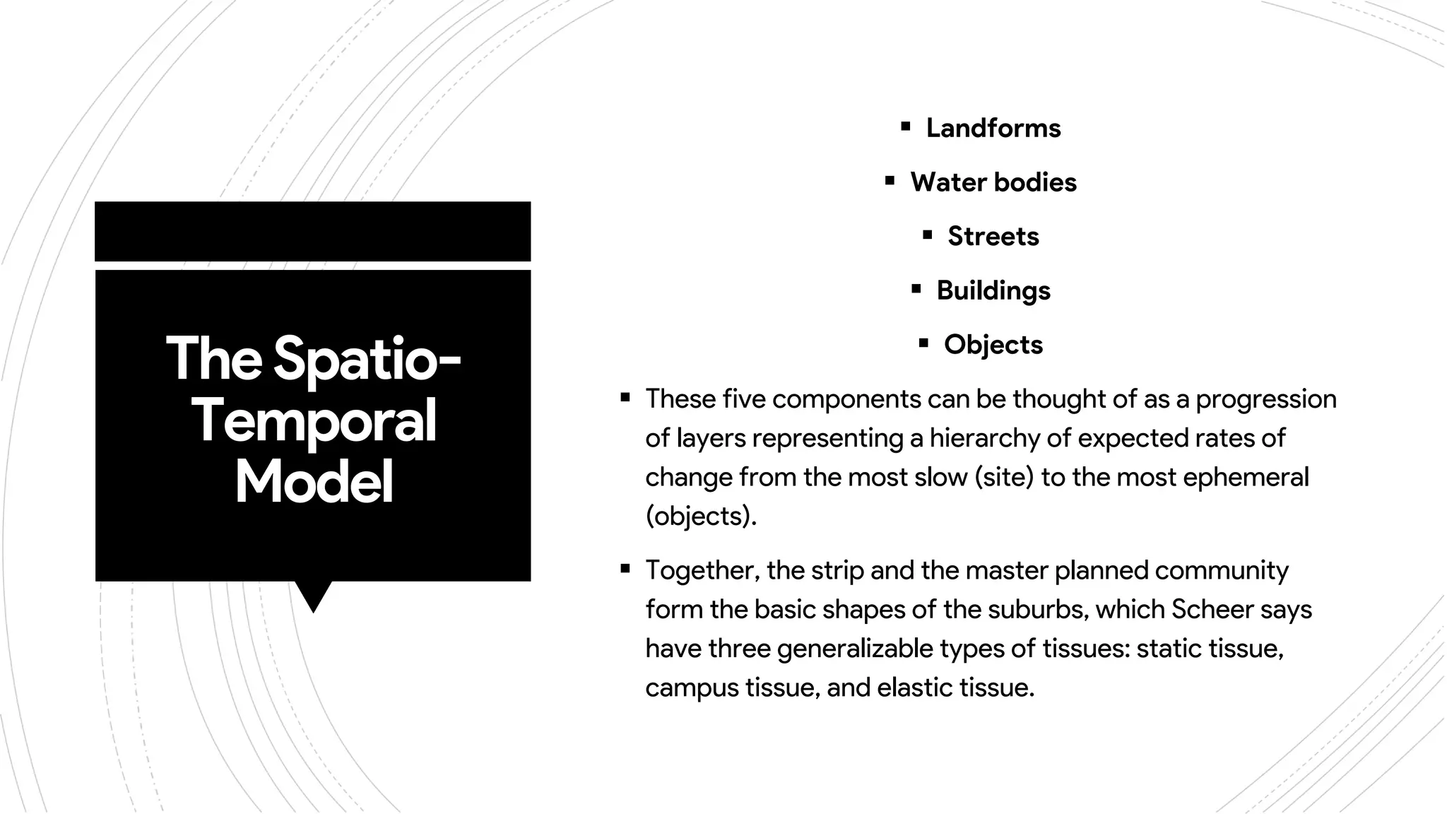 TheSpatio-
Temporal
Model
 Landforms
 Water bodies
 Streets
 Buildings
 Objects
 These five components can be thought of as a progression
of layers representing a hierarchy of expected rates of
change from the most slow (site) to the most ephemeral
(objects).
 Together, the strip and the master planned community
form the basic shapes of the suburbs, which Scheer says
have three generalizable types of tissues: static tissue,
campus tissue, and elastic tissue.
 