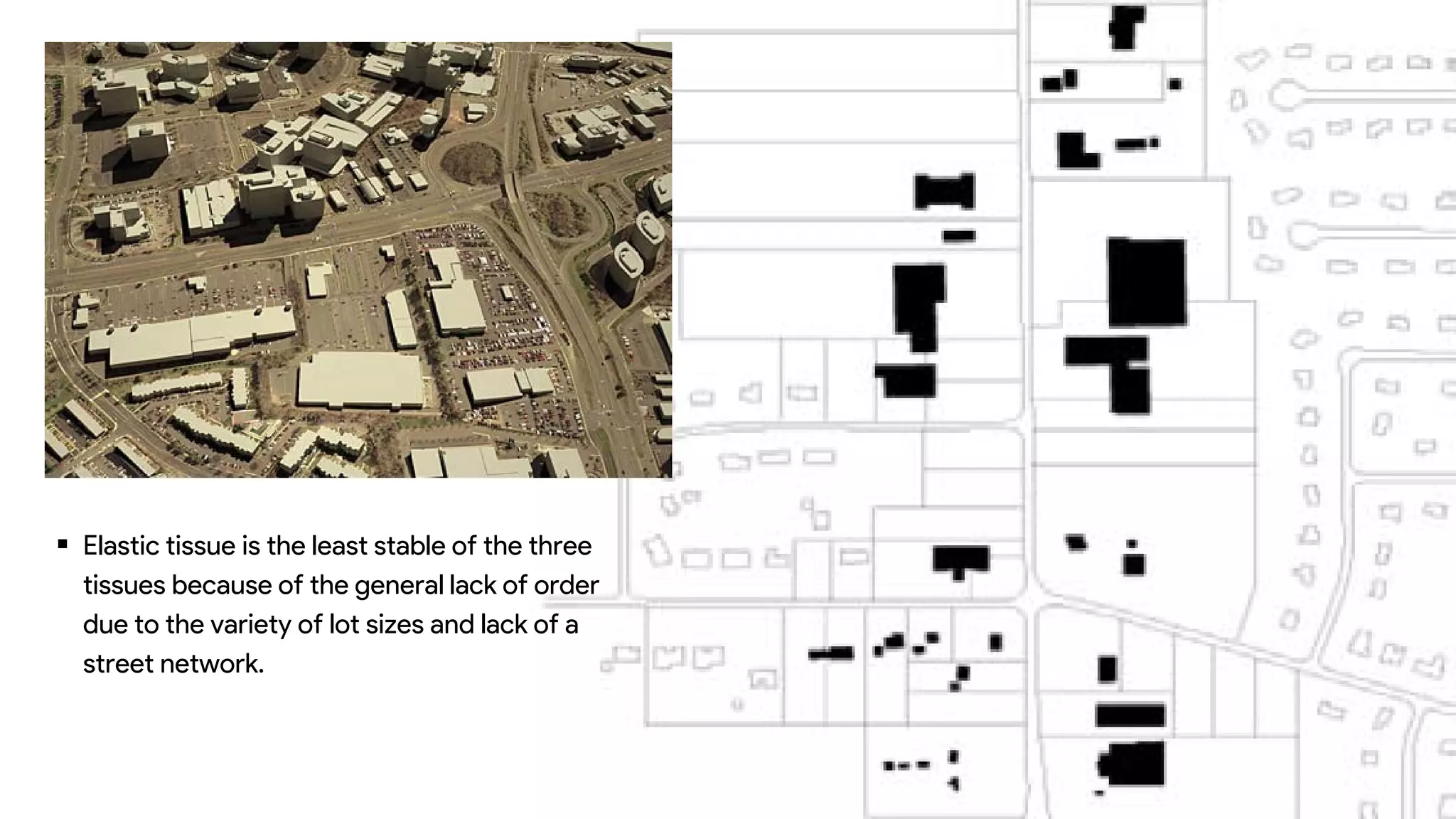  Elastic tissue is the least stable of the three
tissues because of the general lack of order
due to the variety of lot sizes and lack of a
street network.
 