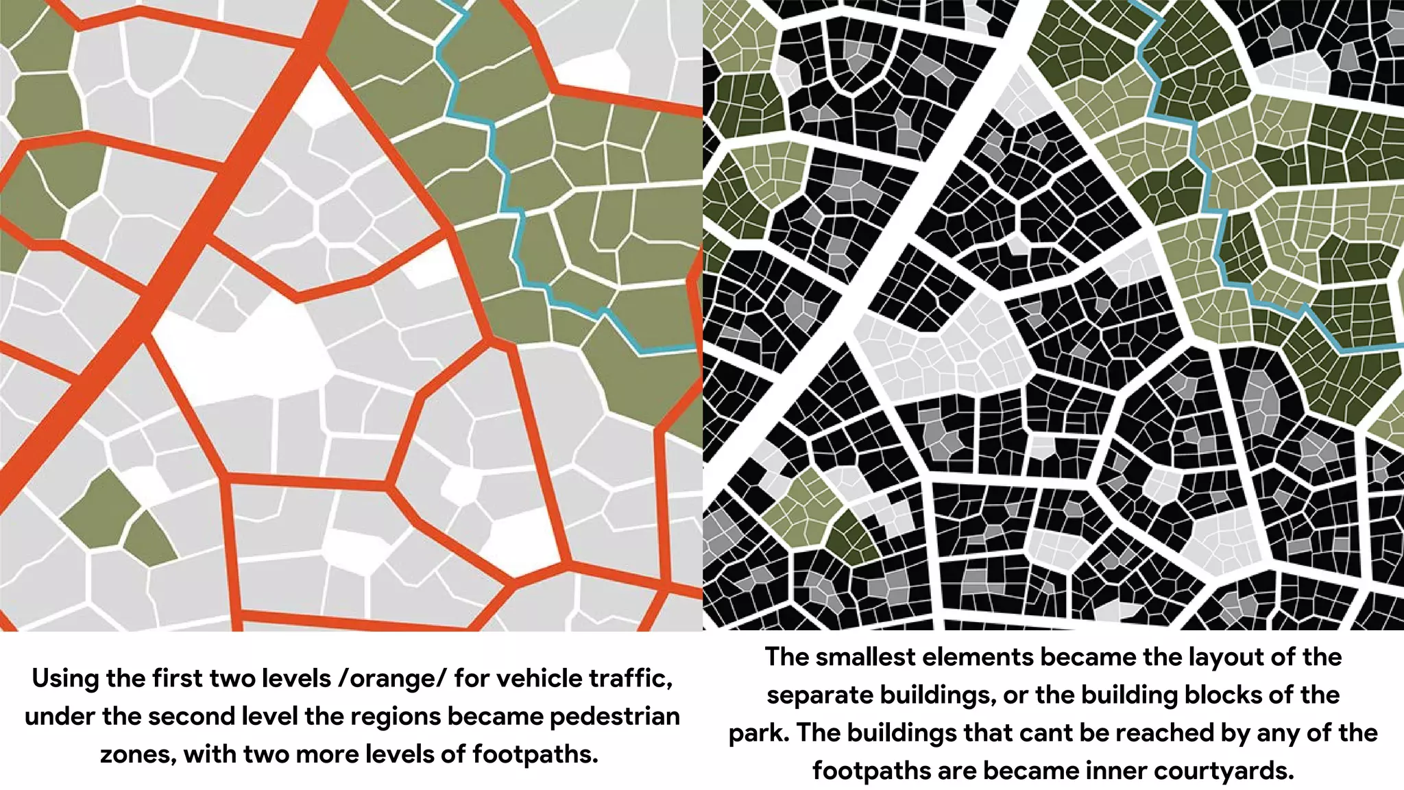 Using the first two levels /orange/ for vehicle traffic,
under the second level the regions became pedestrian
zones, with two more levels of footpaths.
The smallest elements became the layout of the
separate buildings, or the building blocks of the
park. The buildings that cant be reached by any of the
footpaths are became inner courtyards.
 