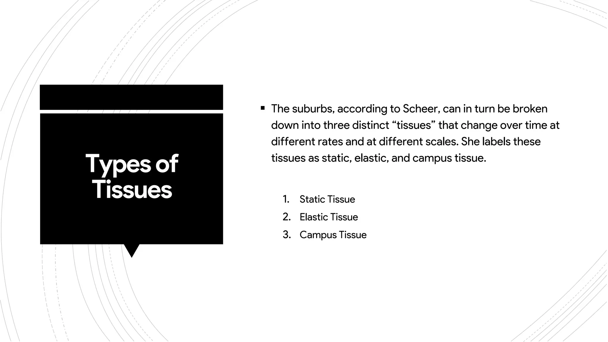 Typesof
Tissues
 The suburbs, according to Scheer, can in turn be broken
down into three distinct “tissues” that change over time at
different rates and at different scales. She labels these
tissues as static, elastic, and campus tissue.
1. Static Tissue
2. Elastic Tissue
3. Campus Tissue
 
