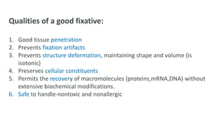 Qualities of a good fixative:
1. Good tissue penetration
2. Prevents fixation artifacts
3. Prevents structure deformation, maintaining shape and volume (is
isotonic)
4. Preserves cellular constituents
5. Permits the recovery of macromolecules (proteins,mRNA,DNA) without
extensive biochemical modifications.
6. Safe to handle-nontoxic and nonallergic
 