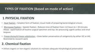 TYPES OF FIXATION (Based on mode of action)
1. PHYSICAL FIXATION
• Heat fixation – Simplest form of fixation; Usual mode of preparing bacteriological smears
• Microwave fixation – Speeds fixation ; Reduces time of fixation from >12 hours to < 20 minutes.
Allows rapid fixation of routine surgical specimen and esp. for processing urgent cardiac and renal
biopsies
• Freeze drying & Freeze substitution – Gives better preservation of antigenicity by either ICC or IHC.
Restricted to research work
2. Chemical fixation
• Utilizes organic or non-organic solutions to maintain adequate morphological preservation
 