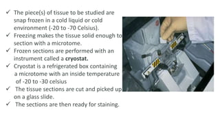  The piece(s) of tissue to be studied are
snap frozen in a cold liquid or cold
environment (-20 to -70 Celsius).
 Freezing makes the tissue solid enough to
section with a microtome.
 Frozen sections are performed with an
instrument called a cryostat.
 Cryostat is a refrigerated box containing
a microtome with an inside temperature
of -20 to -30 celsius
 The tissue sections are cut and picked up
on a glass slide.
 The sections are then ready for staining.
 