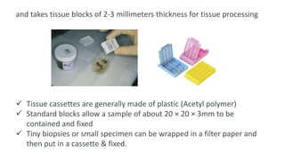 and takes tissue blocks of 2-3 millimeters thickness for tissue processing
 Tissue cassettes are generally made of plastic (Acetyl polymer)
 Standard blocks allow a sample of about 20 × 20 × 3mm to be
contained and fixed
 Tiny biopsies or small specimen can be wrapped in a filter paper and
then put in a cassette & fixed.
 