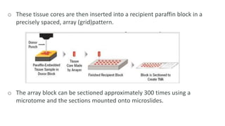 o These tissue cores are then inserted into a recipient paraffin block in a
precisely spaced, array (grid)pattern.
o The array block can be sectioned approximately 300 times using a
microtome and the sections mounted onto microslides.
 