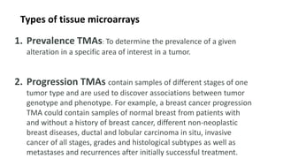1. Prevalence TMAs: To determine the prevalence of a given
alteration in a specific area of interest in a tumor.
2. Progression TMAs contain samples of different stages of one
tumor type and are used to discover associations between tumor
genotype and phenotype. For example, a breast cancer progression
TMA could contain samples of normal breast from patients with
and without a history of breast cancer, different non-neoplastic
breast diseases, ductal and lobular carcinoma in situ, invasive
cancer of all stages, grades and histological subtypes as well as
metastases and recurrences after initially successful treatment.
Types of tissue microarrays
 