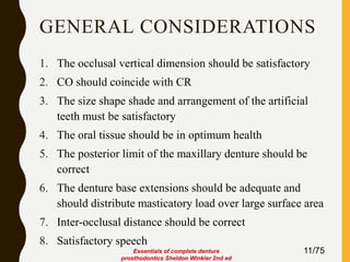 GENERAL CONSIDERATIONS
1. The occlusal vertical dimension should be satisfactory
2. CO should coincide with CR
3. The size shape shade and arrangement of the artificial
teeth must be satisfactory
4. The oral tissue should be in optimum health
5. The posterior limit of the maxillary denture should be
correct
6. The denture base extensions should be adequate and
should distribute masticatory load over large surface area
7. Inter-occlusal distance should be correct
8. Satisfactory speech
11/75Essentials of complete denture
prosthodontics Sheldon Winkler 2nd ed
 