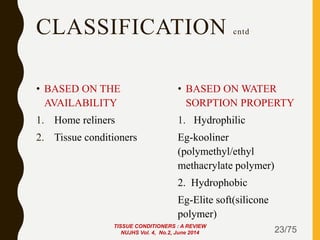CLASSIFICATION cntd
• BASED ON THE
AVAILABILITY
1. Home reliners
2. Tissue conditioners
• BASED ON WATER
SORPTION PROPERTY
1. Hydrophilic
Eg-kooliner
(polymethyl/ethyl
methacrylate polymer)
2. Hydrophobic
Eg-Elite soft(silicone
polymer)
23/75
TISSUE CONDITIONERS : A REVIEW
NUJHS Vol. 4, No.2, June 2014
 
