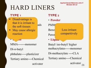 HARD LINERS
TYPE 1
• Powder
PMMA----Polymer beads
Benzoyl
Peroxide-----initiator
• Liquid
MMA-------monomer
Di-n-butyl
phthalate-----plasticizer
Tertiary amine----Chemical
activator
TYPE 2
• Powder
PMMA----Polymer beads
Benzoyl
Peroxide-----initiator
• Liquid
Butyl/ iso-butyl/ higher
methacrylates-----monomer
Di-methacrylate ----CLA
Tertiary amine----Chemical
activator
26
Applied Dental Materials John F.
McCabe 9th ed
 Disadvantage is
that it is irritant to
the soft tissues
 May cause allergic
reaction
Less irritant
comparitively
 