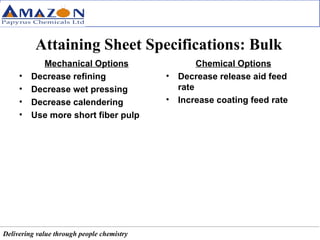 Attaining Sheet Specifications: Bulk Mechanical Options Decrease refining Decrease wet pressing Decrease calendering Use more short fiber pulp Chemical Options Decrease release aid feed rate Increase coating feed rate 
